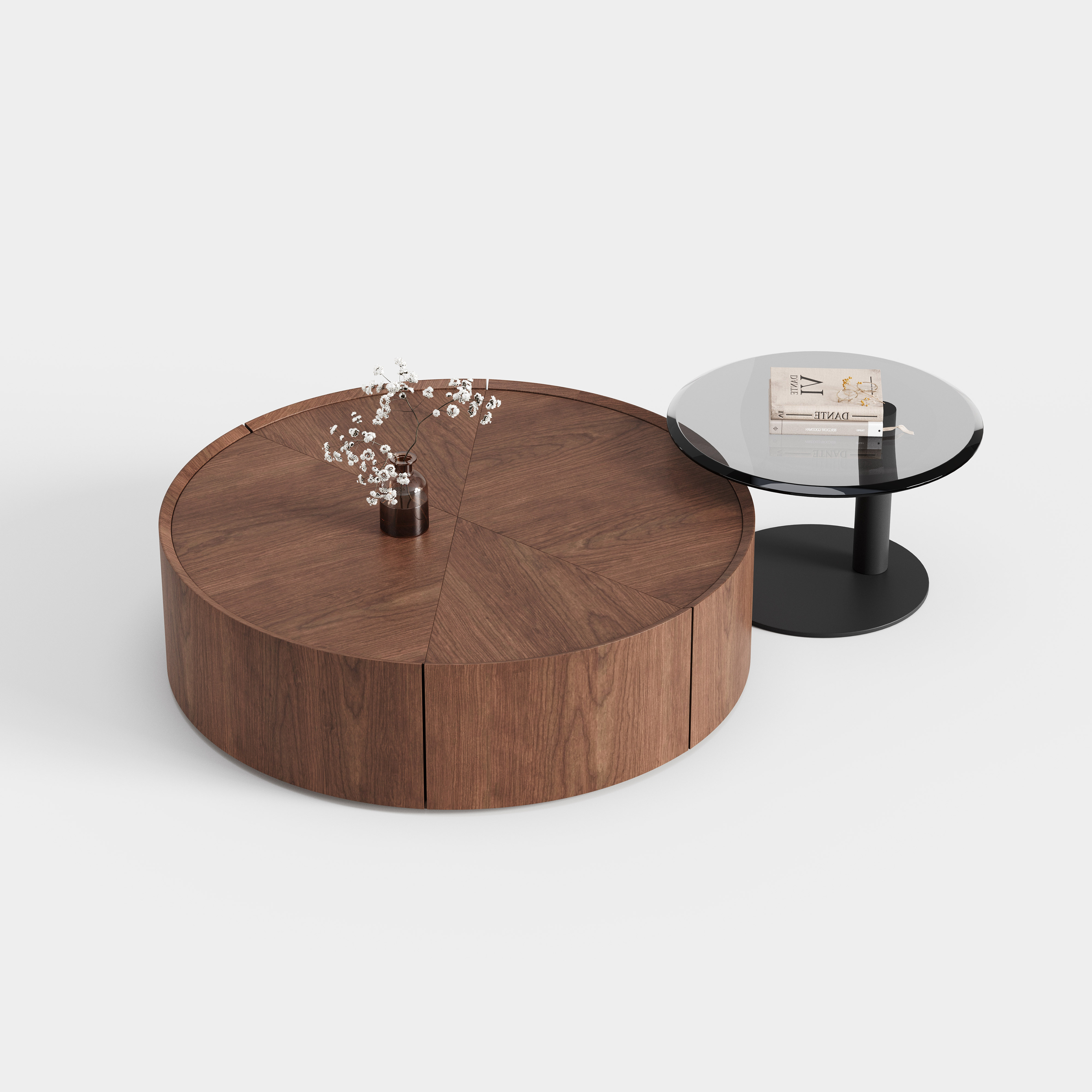 Solid Wood Round Storage Coffee Table with Side Accent Table, Italian Minimalist Center Table for Villa A019