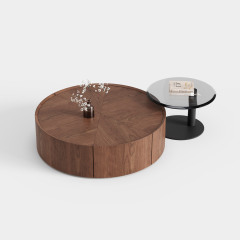 Solid Wood Round Storage Coffee Table with Side Accent Table, Italian Minimalist Center Table for Villa A019