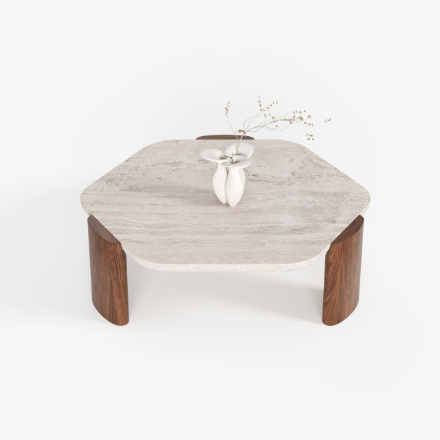 Round Stone Top Solid Wood Leg Coffee Table, Wabi-sabi Style Center Table for Home Living Room A003
