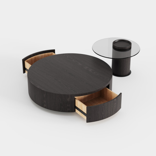 Dark Wood Grain Round Storage Coffee Table, Matching Side Table Set for Modern Living Room A012