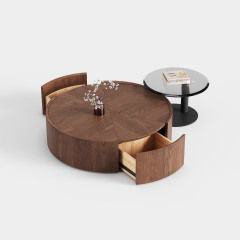 Solid Wood Round Storage Coffee Table with Side Accent Table, Italian Minimalist Center Table for Villa A019