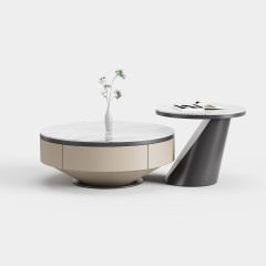 Fabric Wrapped Round Coffee Table Set, Sintered Stone Top Nesting Center Table for Luxury Living Room A020