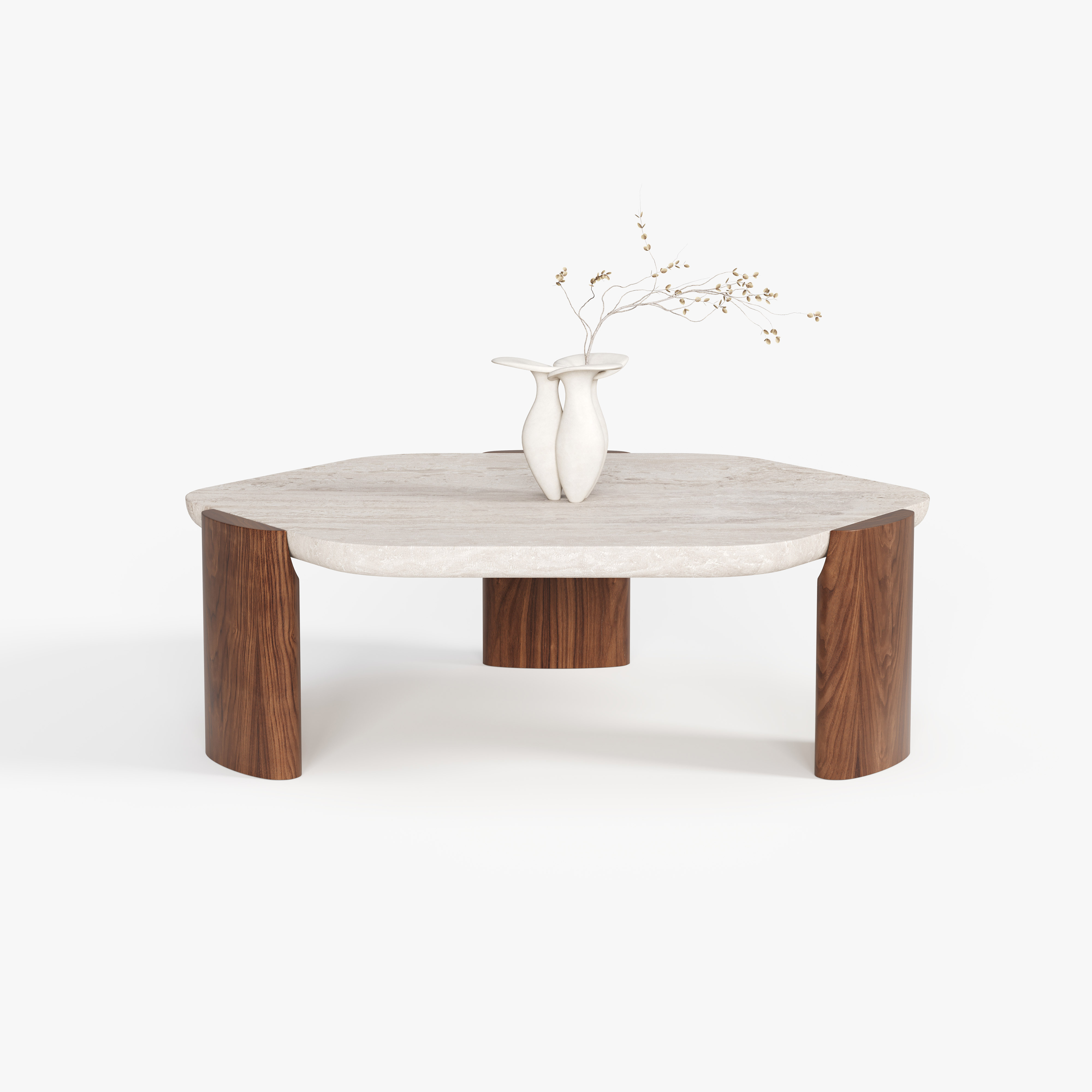 Round Stone Top Solid Wood Leg Coffee Table, Wabi-sabi Style Center Table for Home Living Room A003