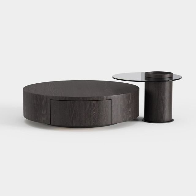 Dark Wood Grain Round Storage Coffee Table, Matching Side Table Set for Modern Living Room A012