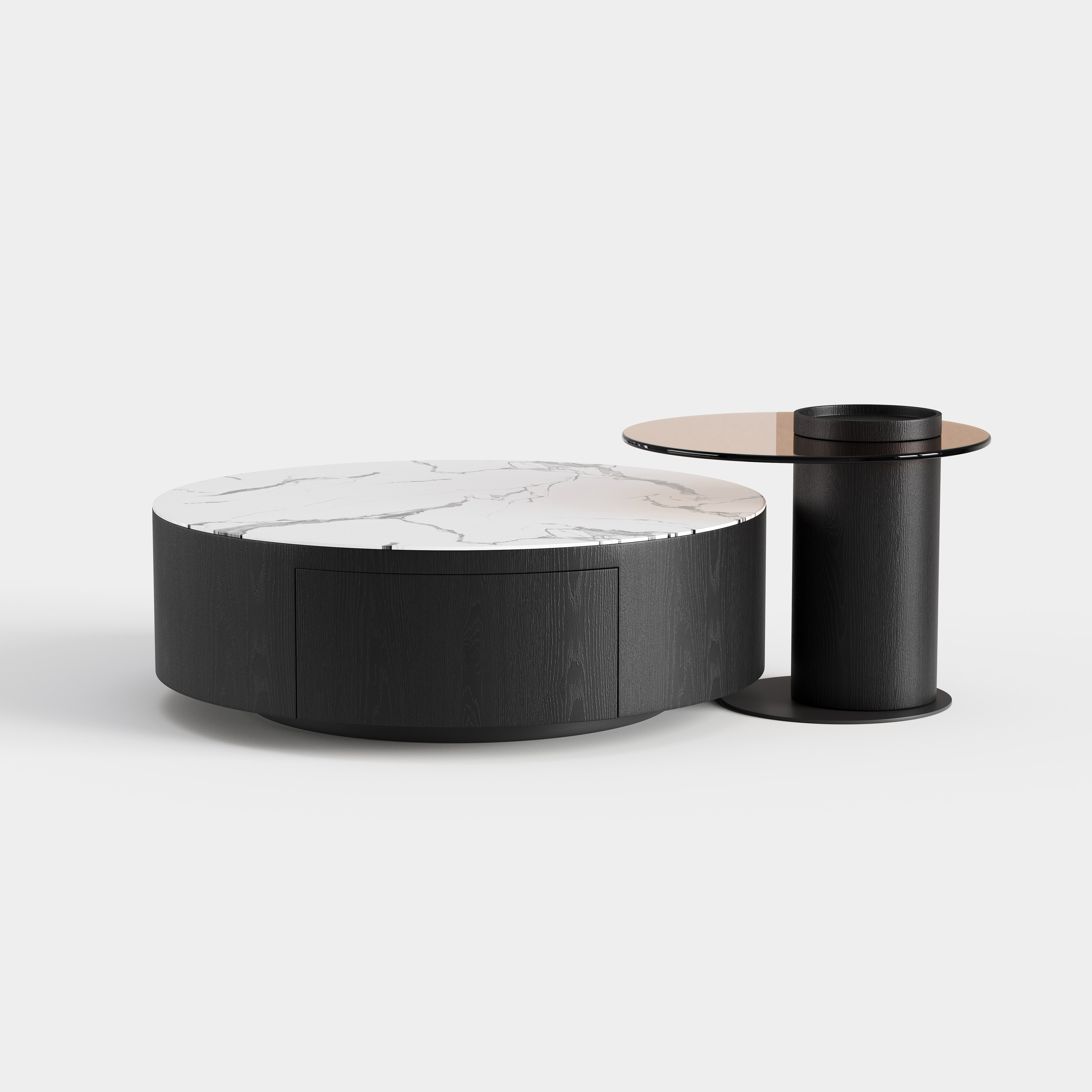 Dual-combination Round Coffee Table Set, Marble Top & Black Pedestal Center Table for High-end Residence A014