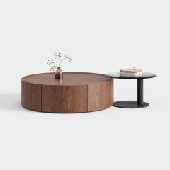 Solid Wood Round Storage Coffee Table with Side Accent Table, Italian Minimalist Center Table for Villa A019