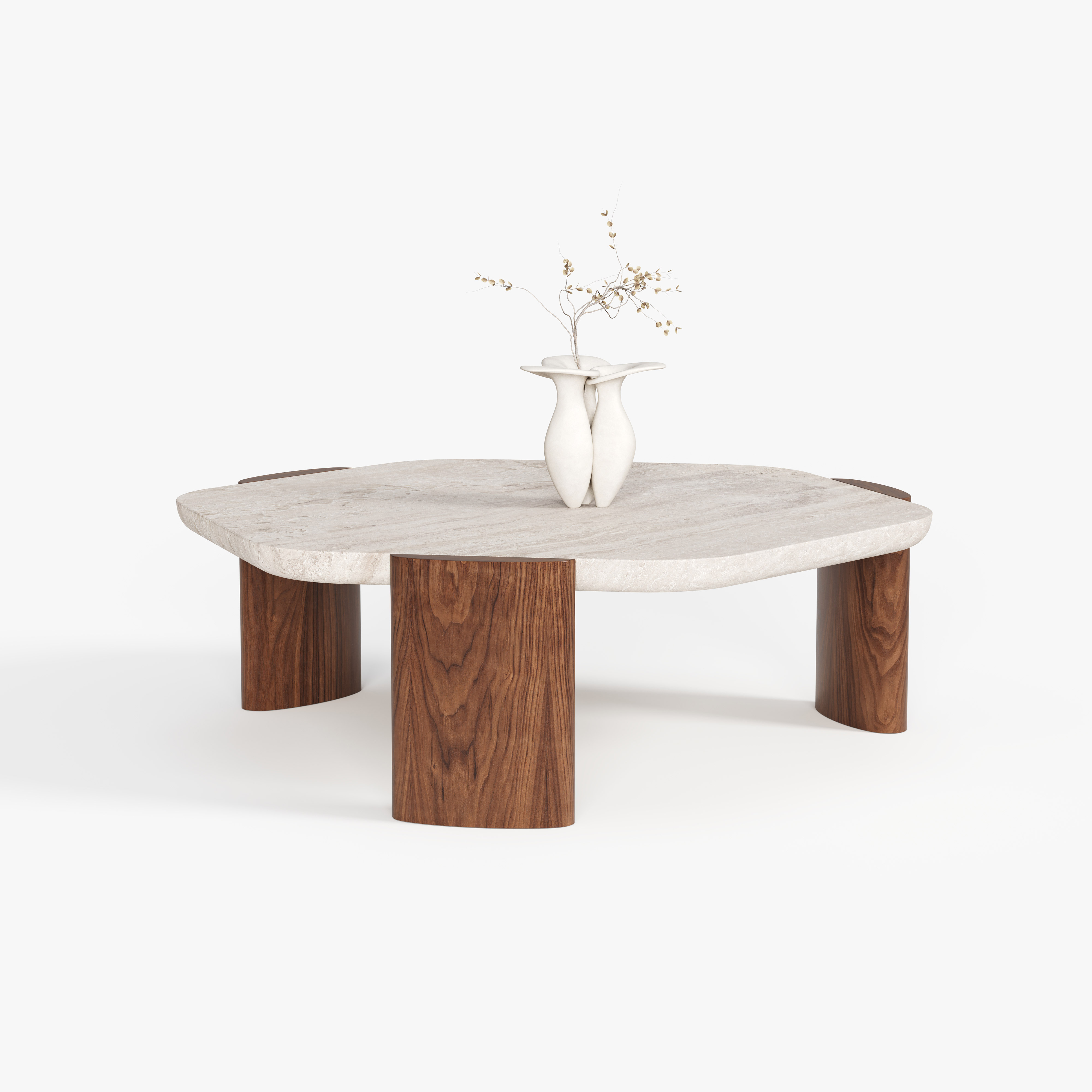 Round Stone Top Solid Wood Leg Coffee Table, Wabi-sabi Style Center Table for Home Living Room A003