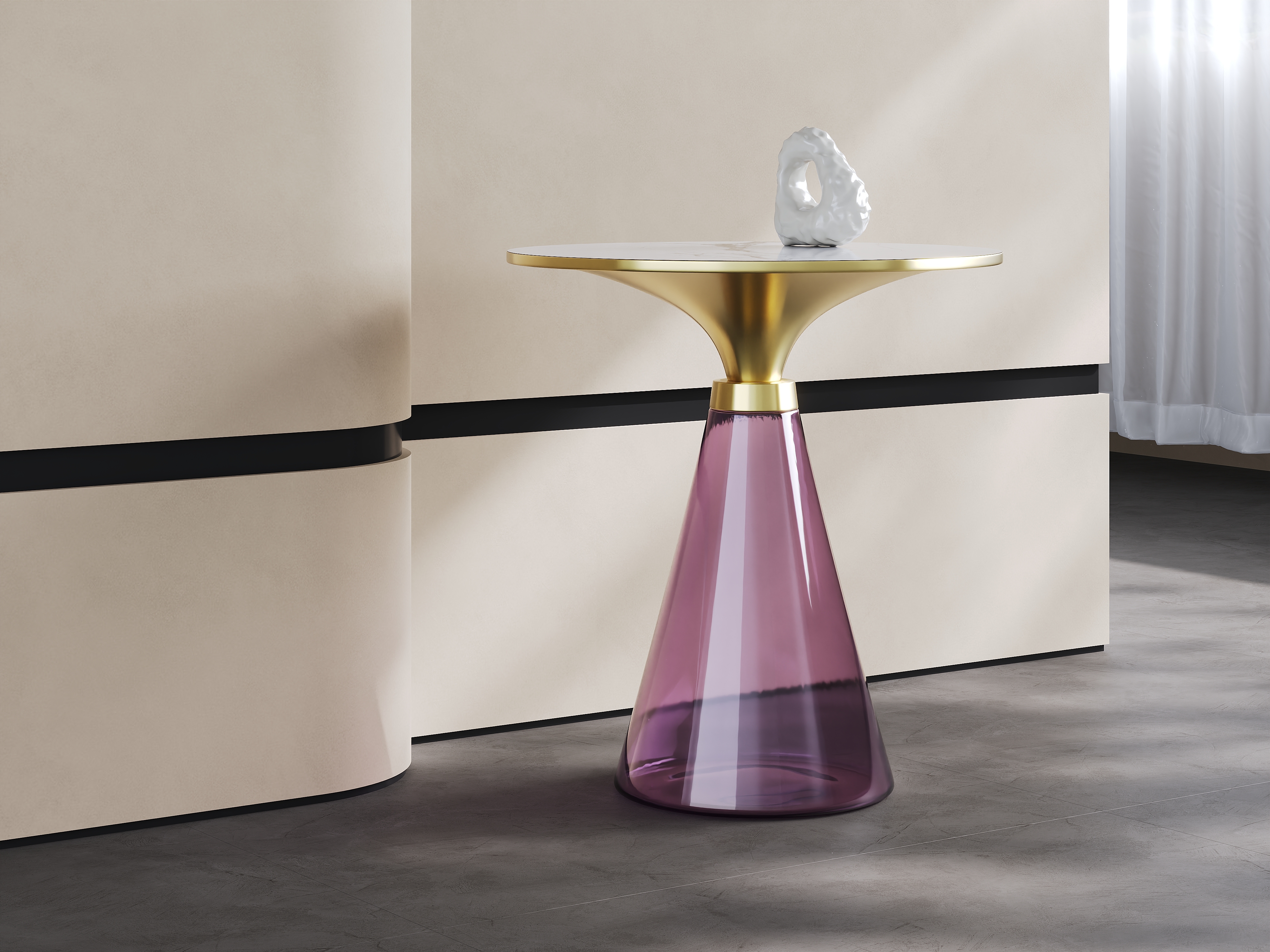 Purple Glass & Gold Metal Side Table, Luxury Decorative Accent End Table for Villa Interior A001