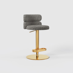 Modern Grey Linen Fabric Bar Stool, Adjustable Swivel Counter Stool Double Layer Backrest Golden Metal Base GD-100