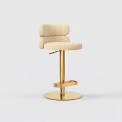 Modern Grey Linen Fabric Bar Stool, Adjustable Swivel Counter Stool Double Layer Backrest Golden Metal Base GD-100