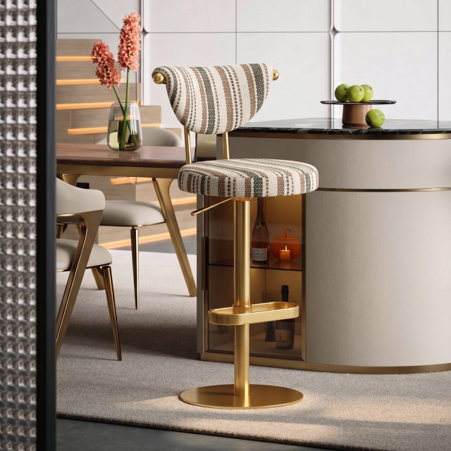 Modern Striped Fabric Bar Stool, Adjustable Swivel Counter Stool with Golden Metal Base & Footrest for Kitchen Island Bar BS-270
