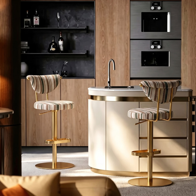 Modern Striped Fabric Bar Stool, Adjustable Swivel Counter Stool with Golden Metal Base & Footrest for Kitchen Island Bar BS-270