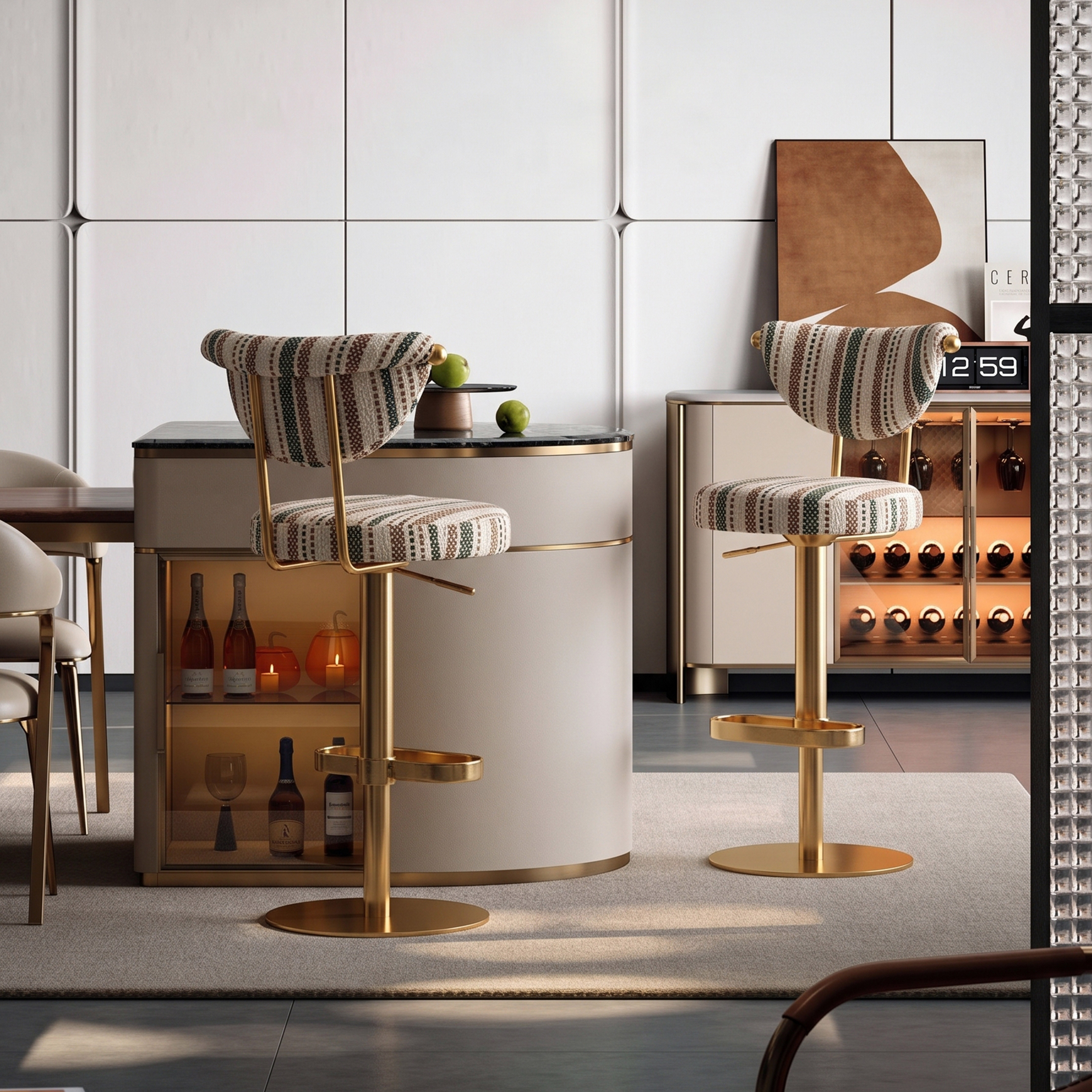 Modern Striped Fabric Bar Stool, Adjustable Swivel Counter Stool with Golden Metal Base & Footrest for Kitchen Island Bar BS-270