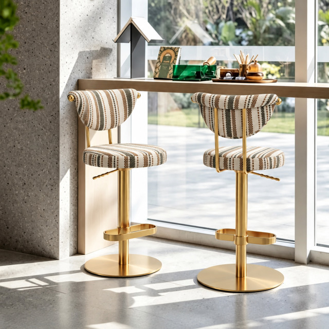 Modern Striped Fabric Bar Stool, Adjustable Swivel Counter Stool with Golden Metal Base & Footrest for Kitchen Island Bar BS-270