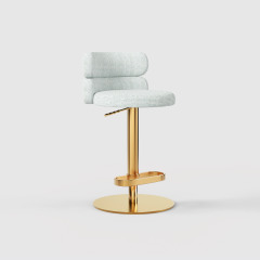 Modern Grey Linen Fabric Bar Stool, Adjustable Swivel Counter Stool Double Layer Backrest Golden Metal Base GD-100