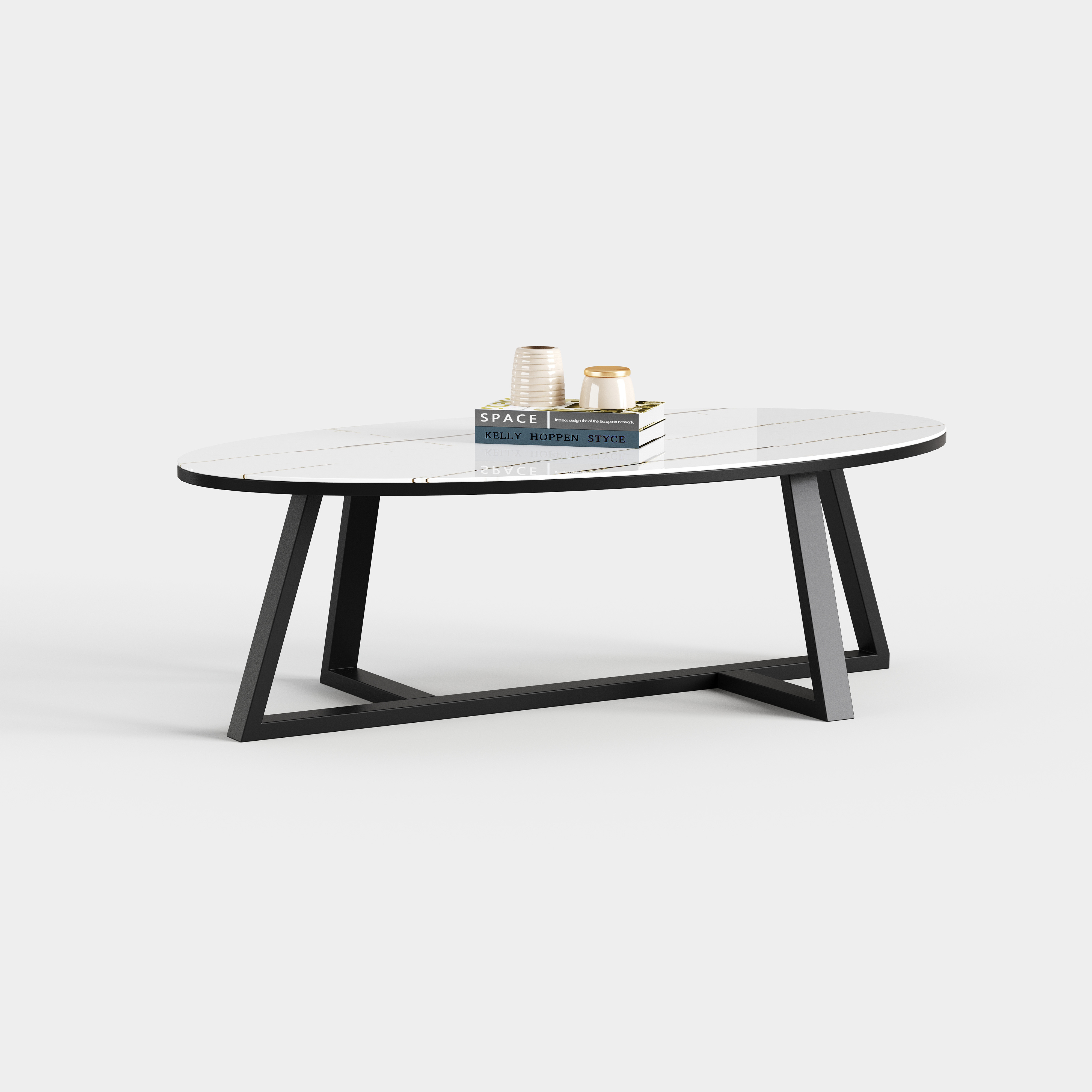 Oval Sintered Stone Coffee Table, Modern Cross Metal Frame Center Table A024