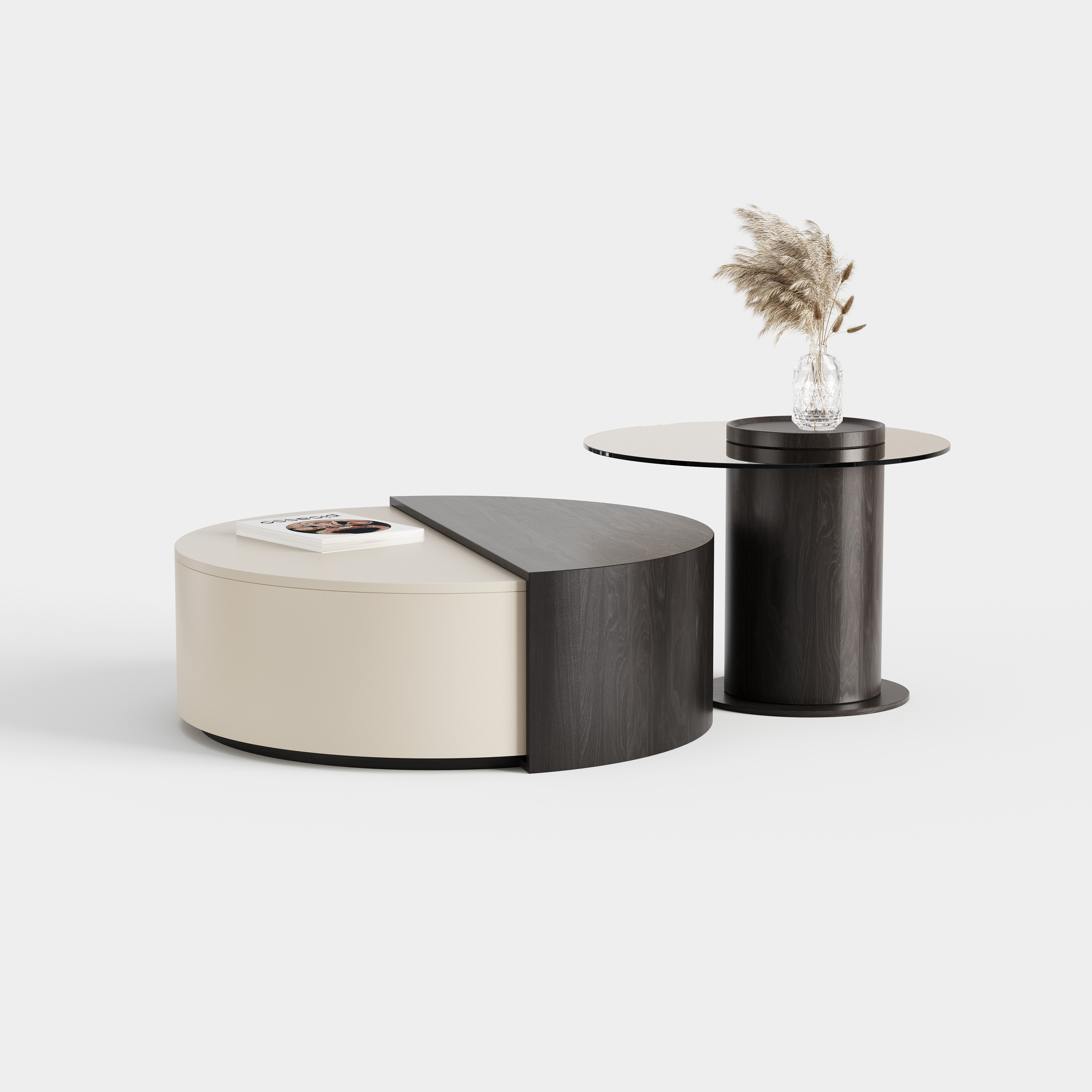 Cream Spliced Round Coffee Table & Side Table Set, Minimalist Living Room Table A026