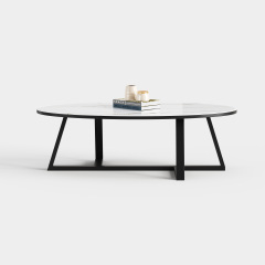 Oval Sintered Stone Coffee Table, Modern Cross Metal Frame Center Table A024
