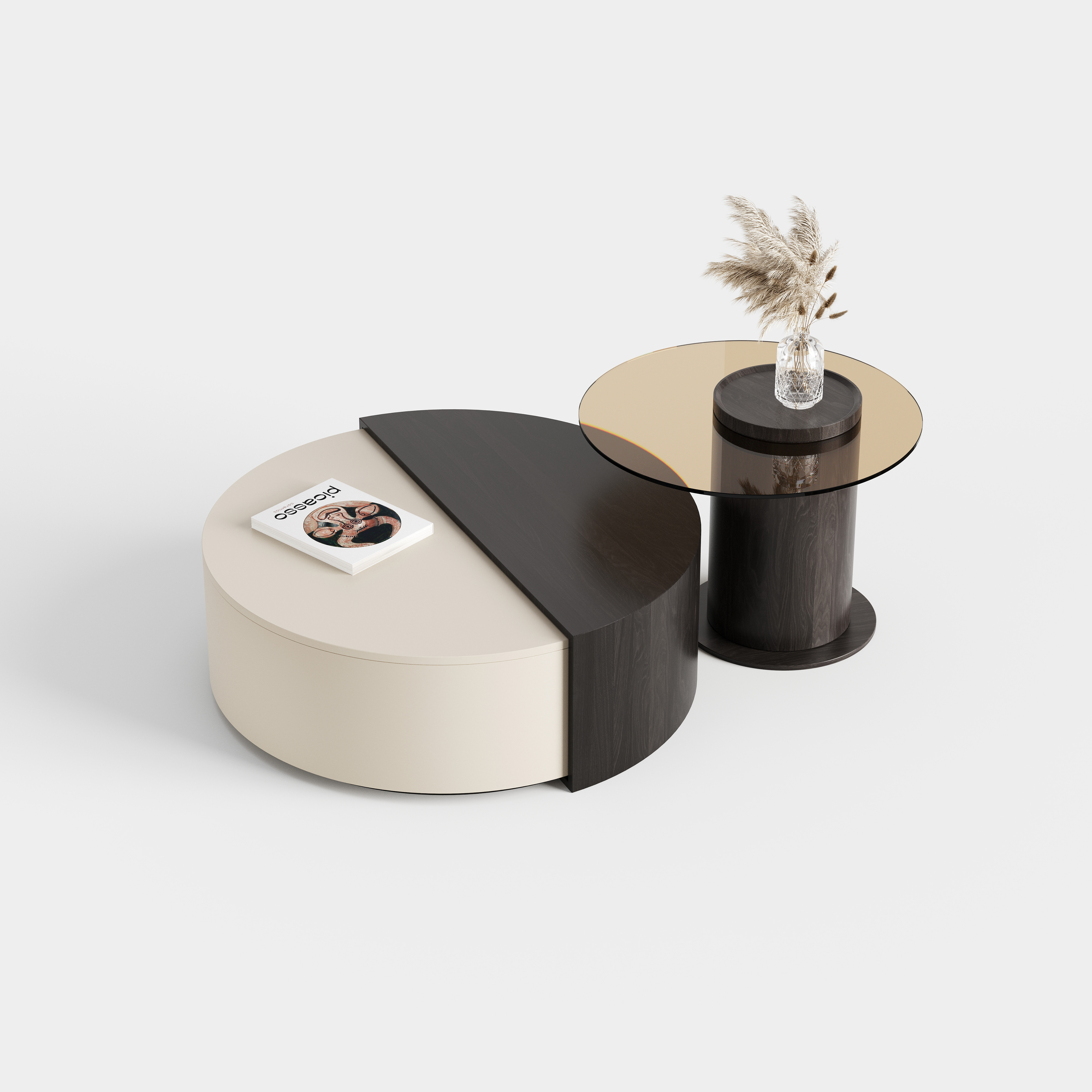 Cream Spliced Round Coffee Table & Side Table Set, Minimalist Living Room Table A026