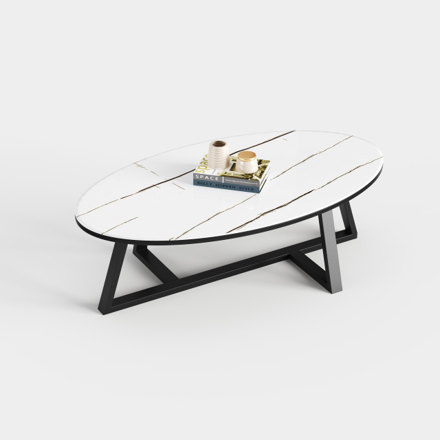 Oval Sintered Stone Coffee Table, Modern Cross Metal Frame Center Table A024