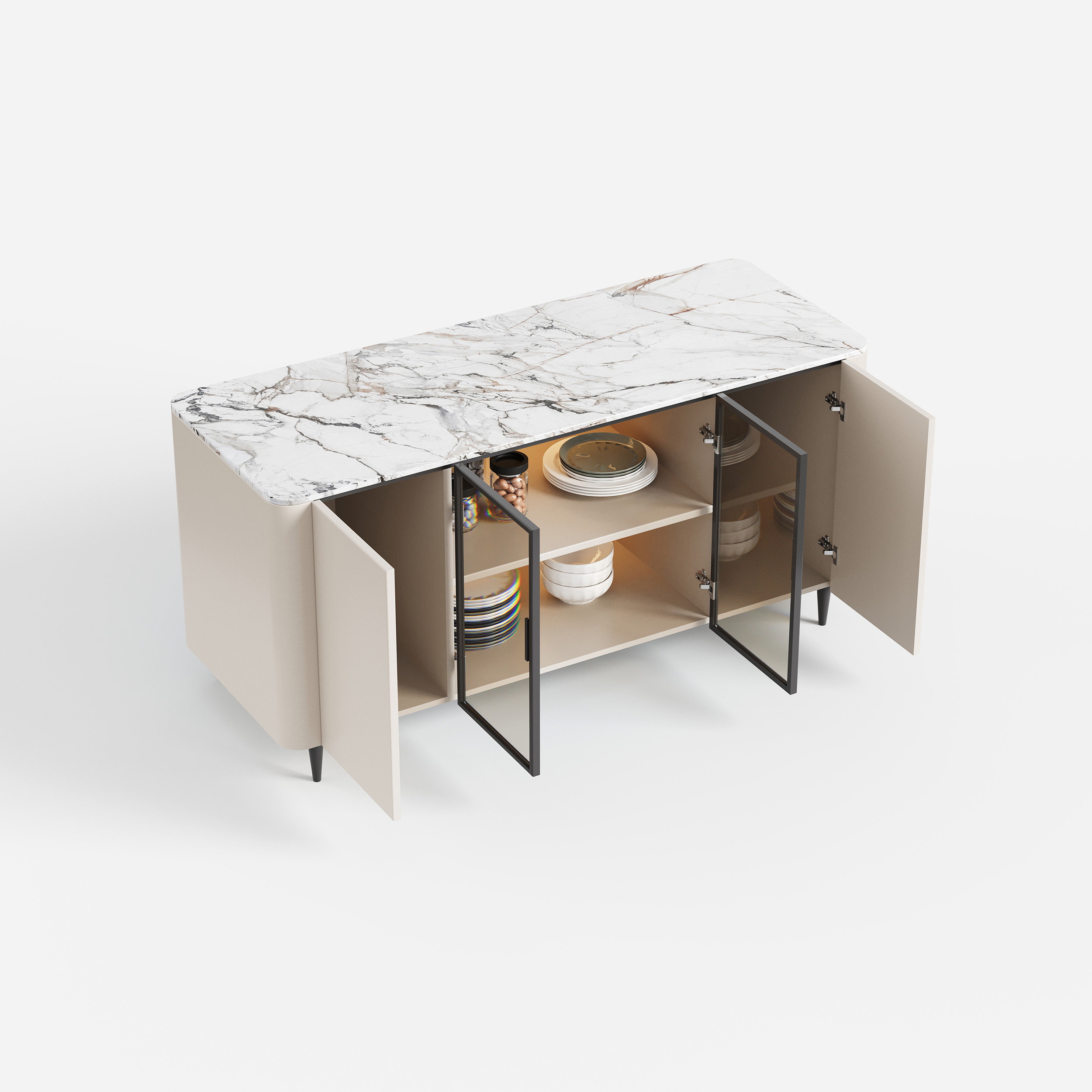Cream Glass Door Sideboard Cabinet, Display Buffet Storage Cabinet for Dining Area 15