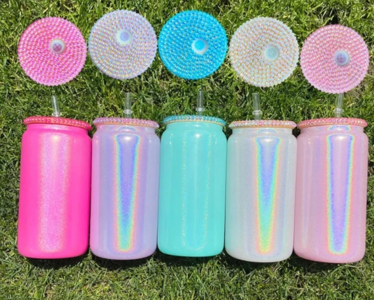 Zella 16oz Sublimation Shimmer Glass Cups With Mixed Colored Rhinestone Bling Lids USA Warehouse