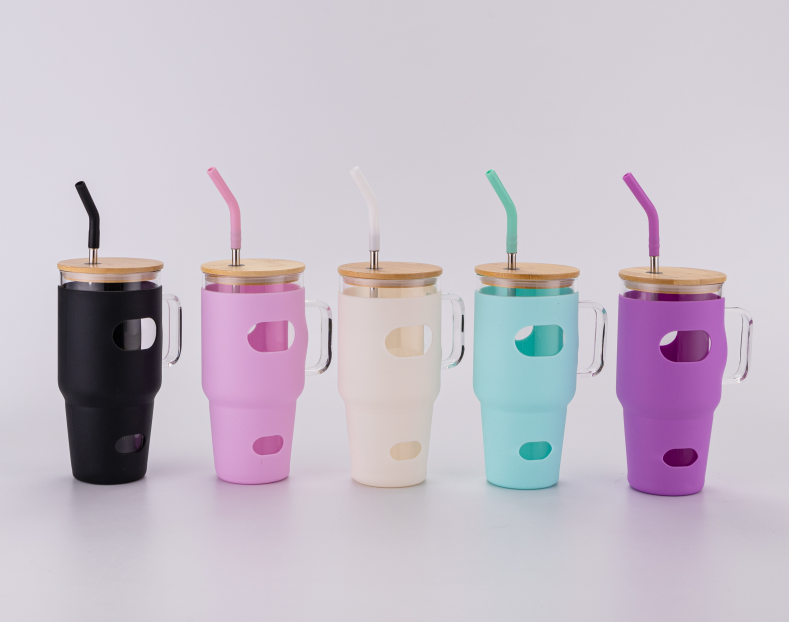 Zella  32oz Glass Cups With Bamboo Lids and Handles Mixed Color USA Warehouse