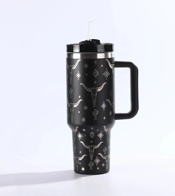 Zella 40oz ox-head laser printed travel mug tumbler with straw&lids