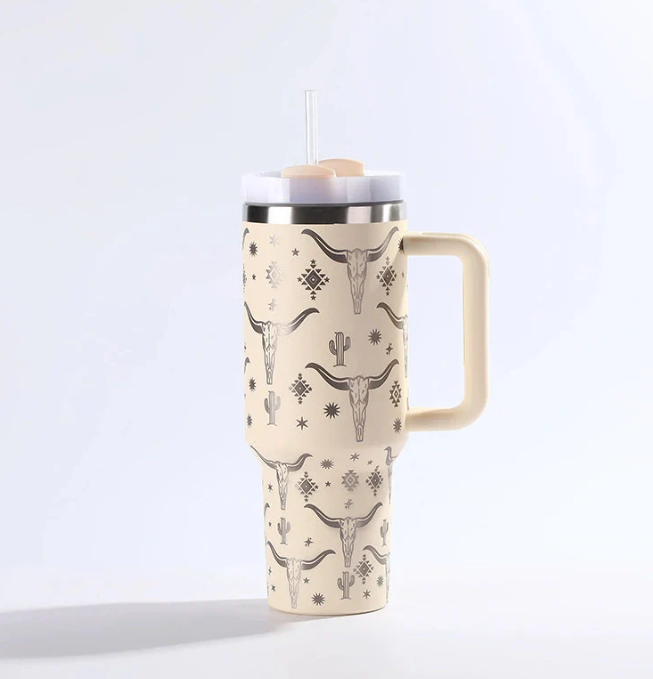 Zella 40oz ox-head laser printed travel mug tumbler with straw&lids