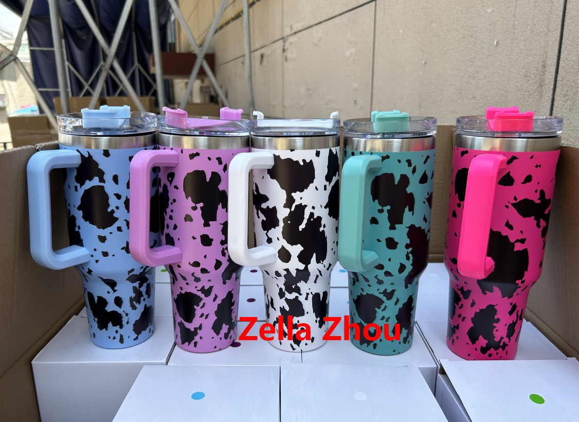 Zella 40oz H1.0 Milk Cow Pattern 3D Print Handle Stainless Steel Travel Mug Cup