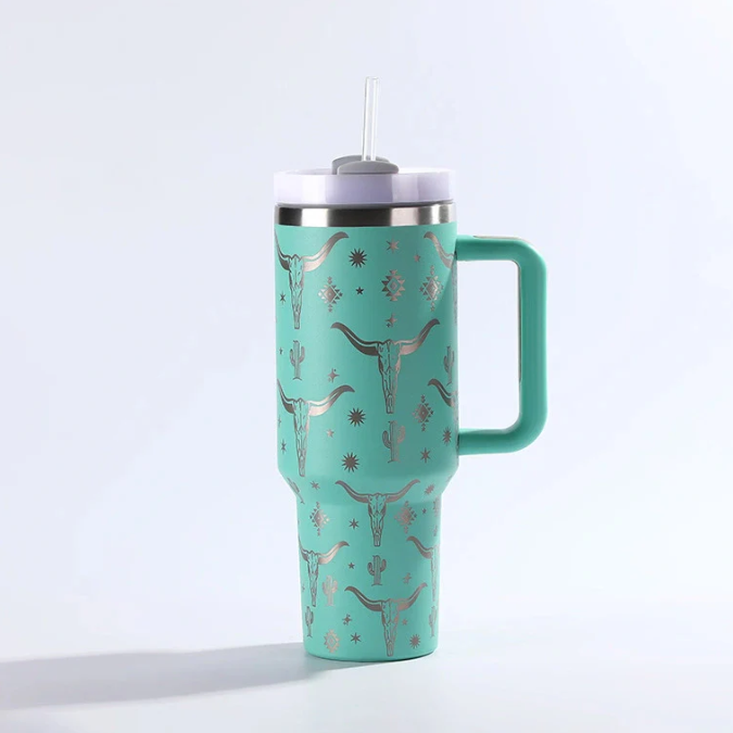 Zella 40oz ox-head laser printed travel mug tumbler with straw&lids