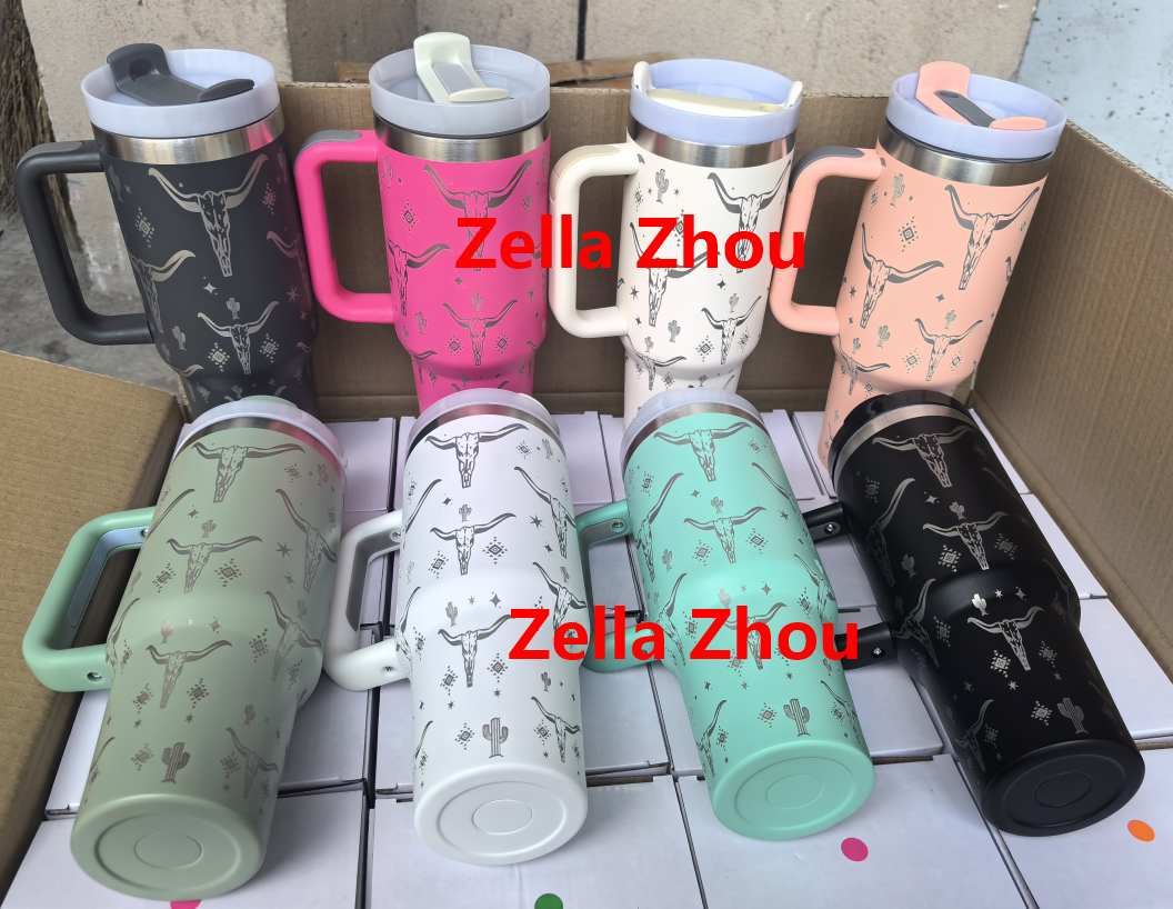 Zella 40oz ox-head laser printed travel mug tumbler with straw&lids