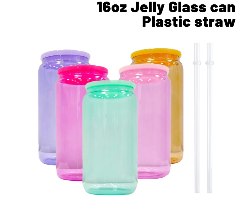 Zella 16oz Sublimation Jelly Colored Glass Cups With Mixed Colored PP Lids USA Warehouse
