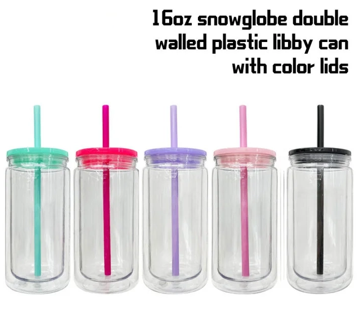 Zella 16oz snowglobe plastic with color lids US Warehouse