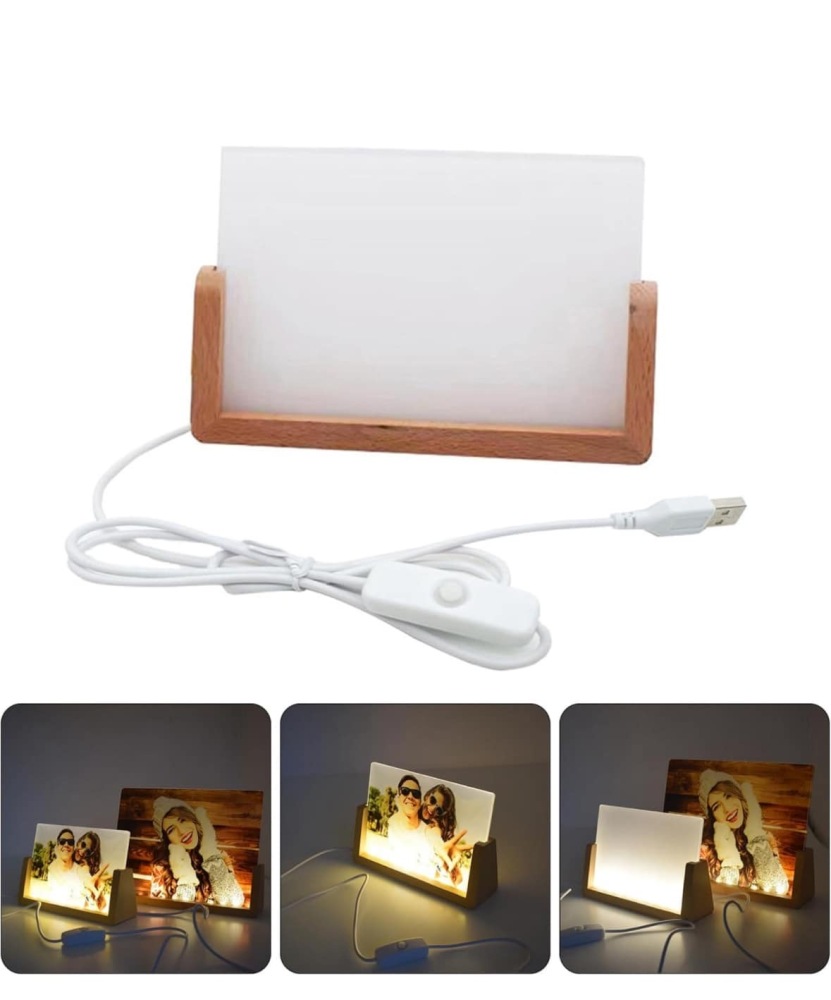 Sublimation Acrylic Photo Frames Blanks LED Night Lights Picture Frames with Warm Color Light Wood Base  Stand