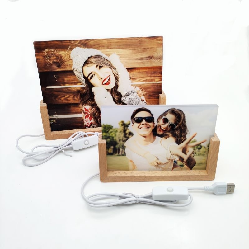 Sublimation Acrylic Photo Frames Blanks LED Night Lights Picture Frames with Warm Color Light Wood Base  Stand