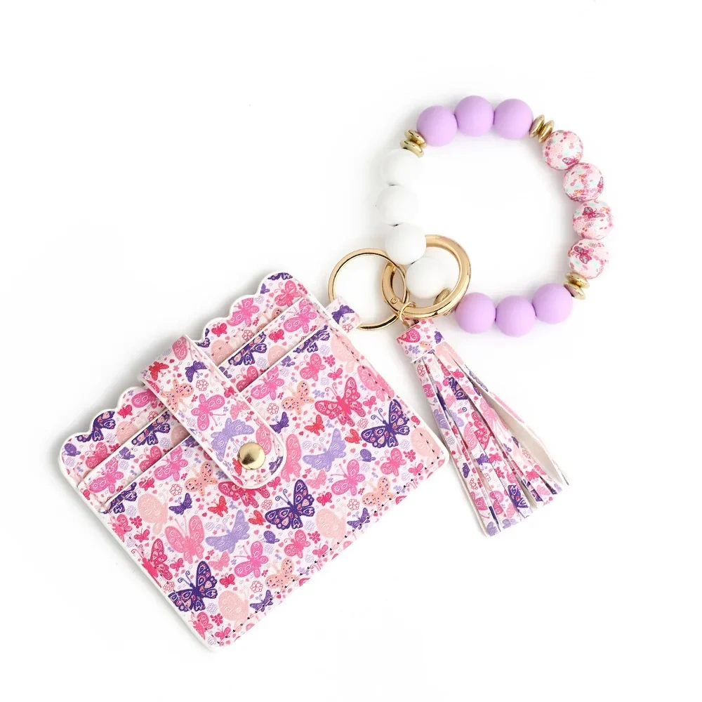 Valentine's Day PU Leather Heart Tassel Key Ring Card Holder Silicone Bead Mini Wallet Wristlet Keychain