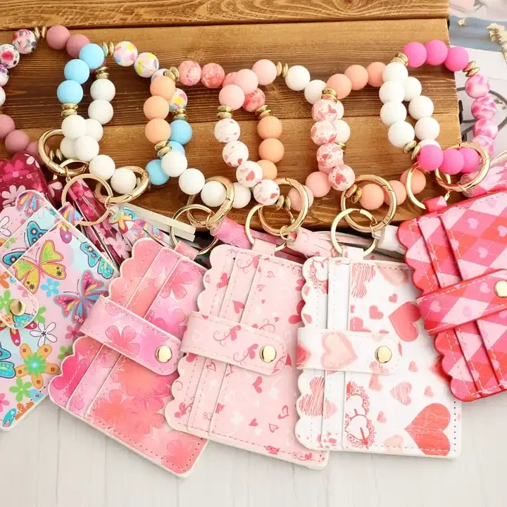 Valentine's Day PU Leather Heart Tassel Key Ring Card Holder Silicone Bead Mini Wallet Wristlet Keychain