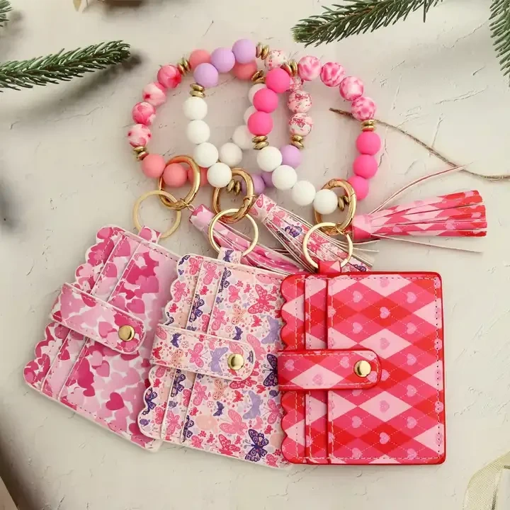Valentine's Day PU Leather Heart Tassel Key Ring Card Holder Silicone Bead Mini Wallet Wristlet Keychain