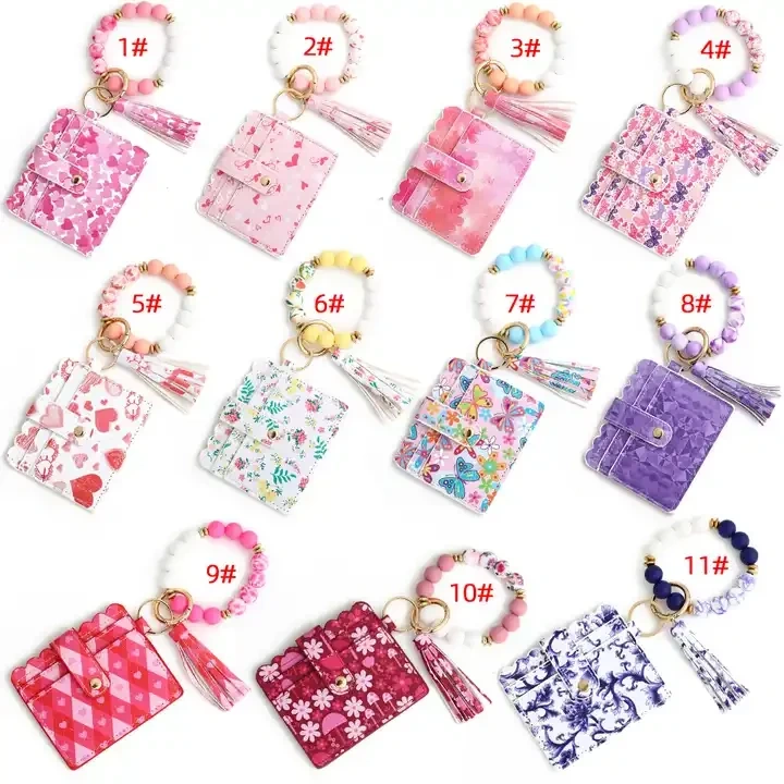 Valentine's Day PU Leather Heart Tassel Key Ring Card Holder Silicone Bead Mini Wallet Wristlet Keychain