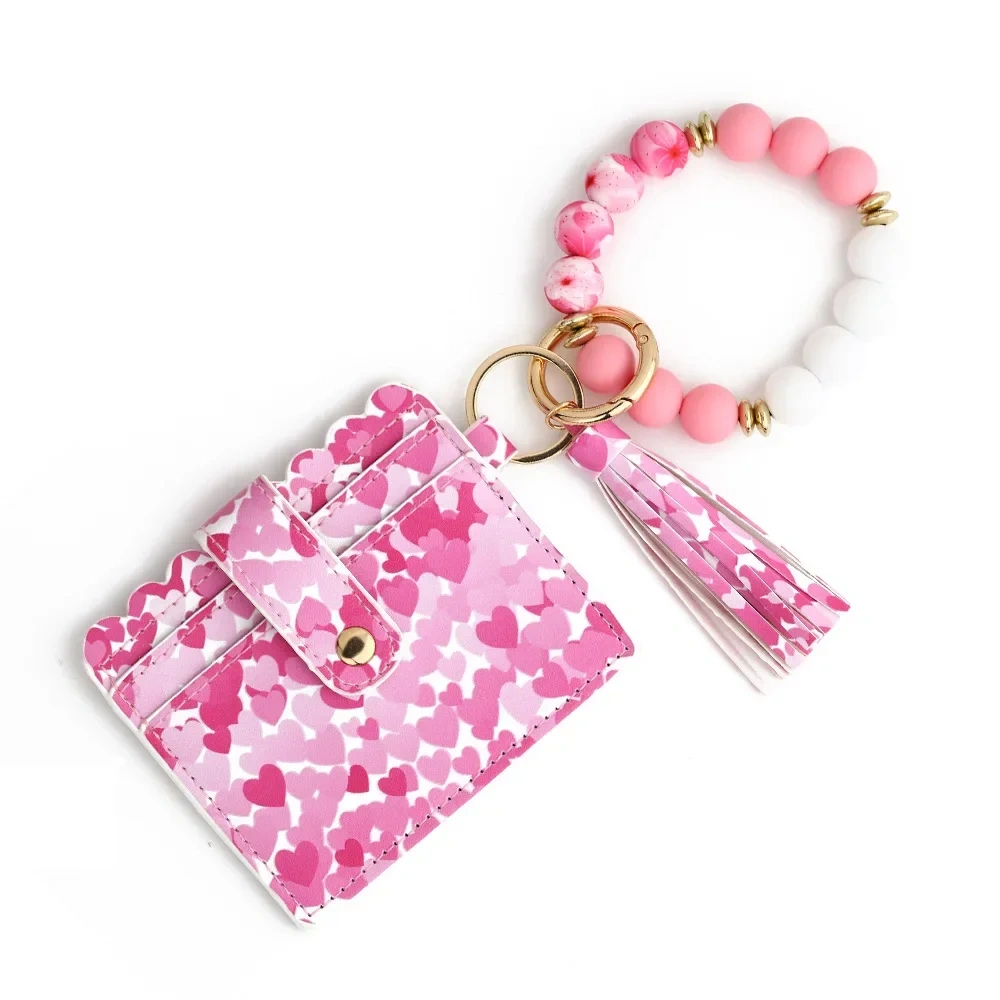 Valentine's Day PU Leather Heart Tassel Key Ring Card Holder Silicone Bead Mini Wallet Wristlet Keychain