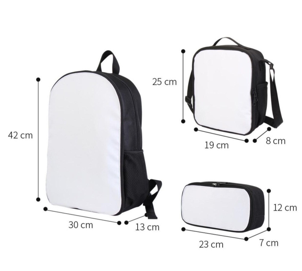 3Pcs Set Black Sublimation Blank Backpack With Lunch Bag Pencil Bag for Student Gifts