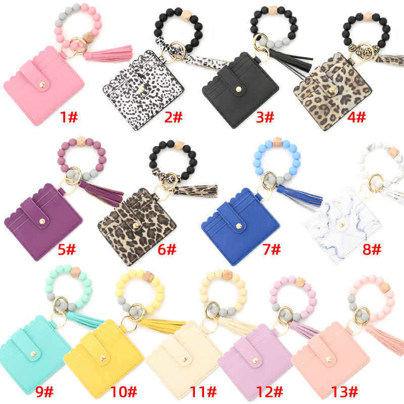 PU Leather Heart Tassel Key Ring Card Holder Silicone Bead Mini Wallet Wristlet Keychain