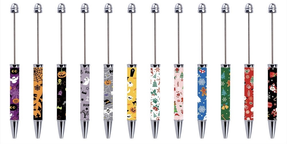 2025 New Wholesale Christmas Halloween Beaded Pens Wrap Printed Plastic DIY Bead Designer Pens for Festival