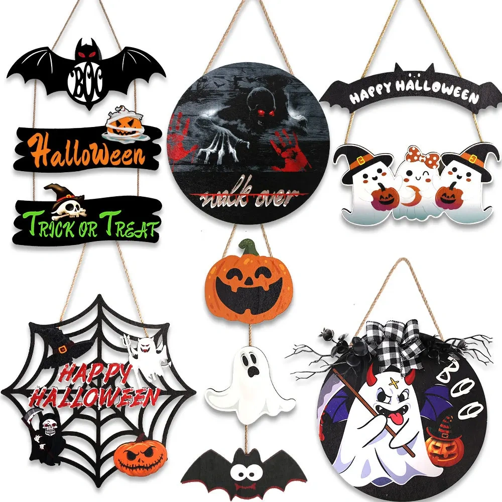 New Halloween Wooden Ghost Spider Web Door Plate Pendant for Courtyard Home Party Decorations