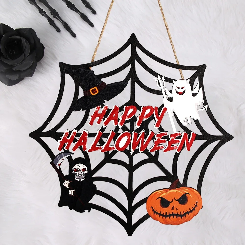 New Halloween Wooden Ghost Spider Web Door Plate Pendant for Courtyard Home Party Decorations