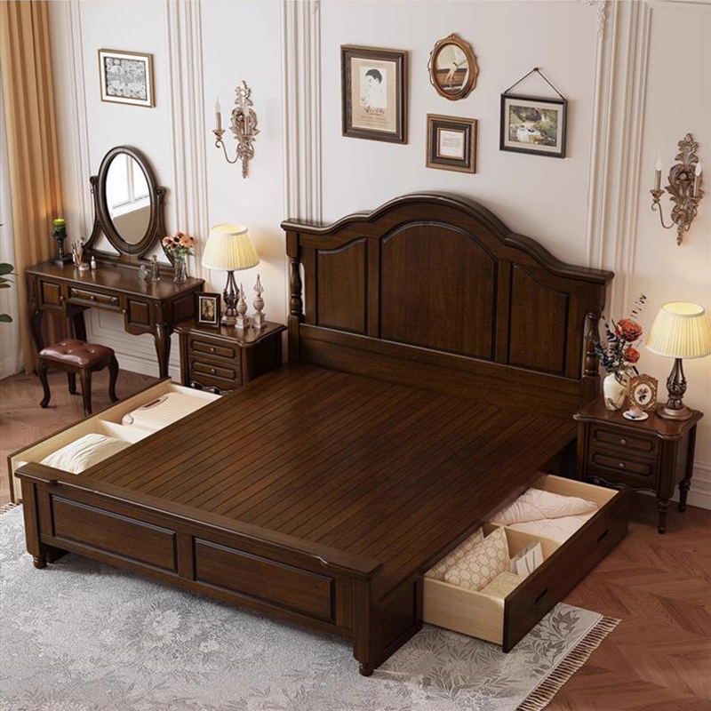 American solid wood double bed,Vintage rustic master bedroom with a king-size bed