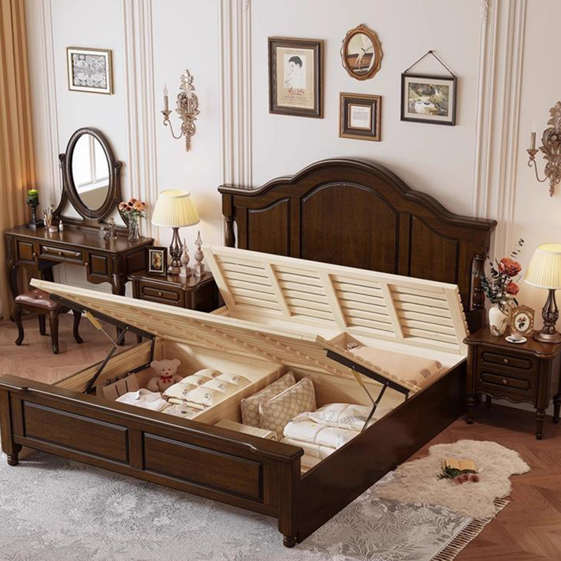 American solid wood double bed,Vintage rustic master bedroom with a king-size bed