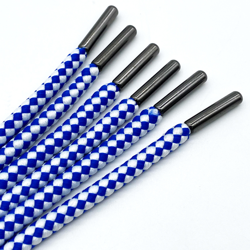 Factory custom 5mm blue and white jacquard polyester thick pull rope round hoodie pull rope custom tips drawstring