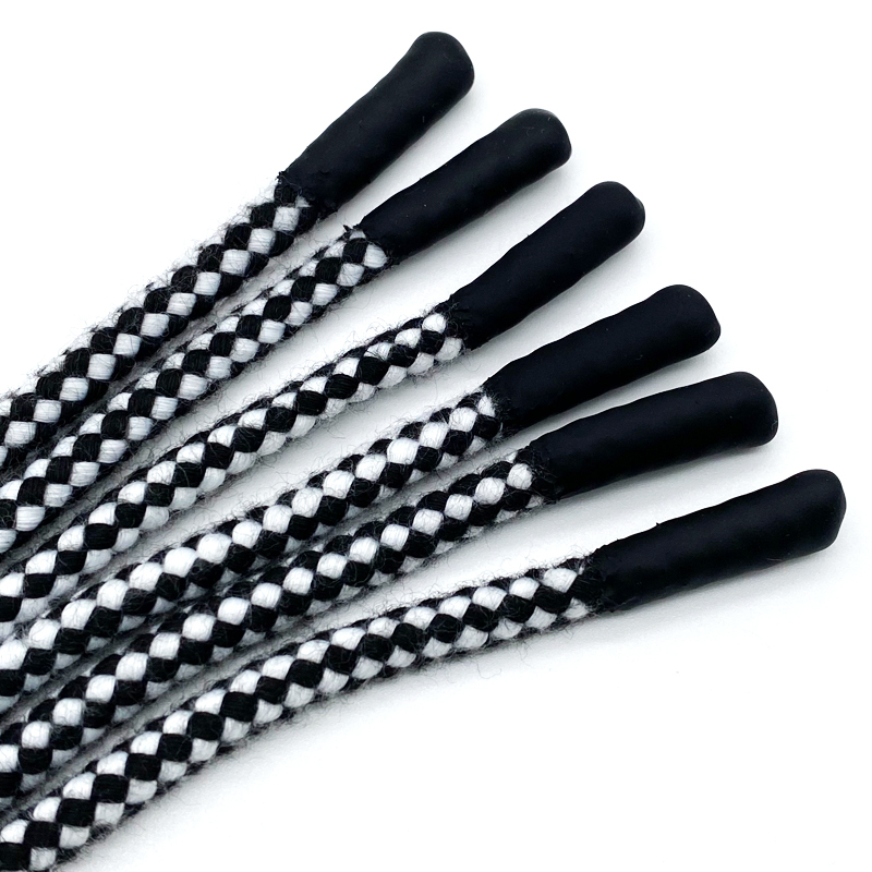 Factory custom 5mm black and white jacquard dip silicone dipped hoodie draw cord string round hoodie custom tips pull rope